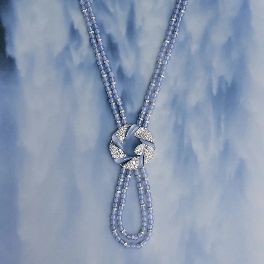 De Beers London Vibrations: Cascade sautoir of soft-blue chalcedony beads with a diamond knot