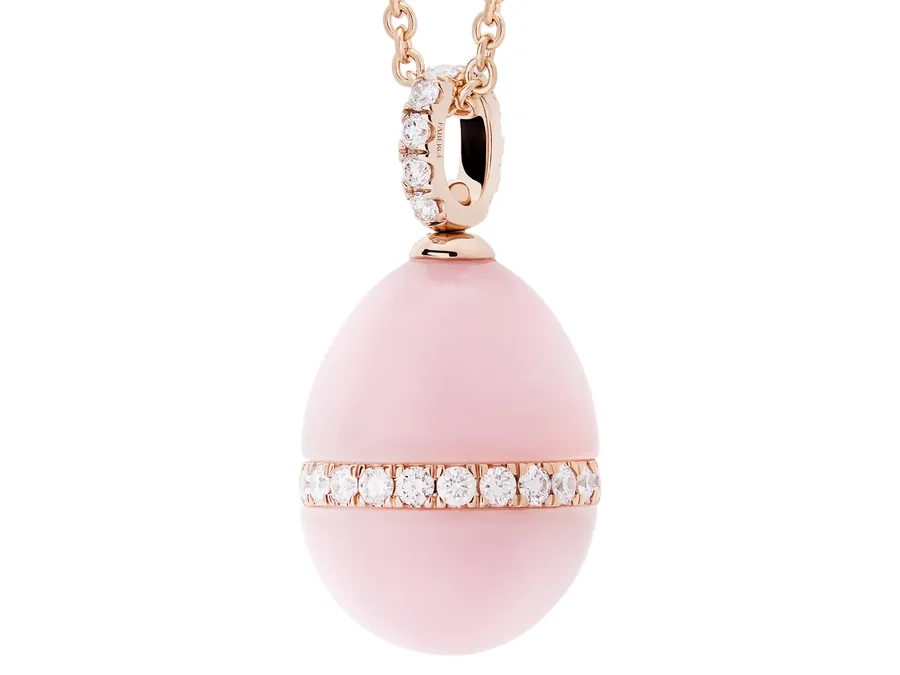 Fabergé Forever Pink Opal Egg Pendant in rose gold with a belt of diamonds