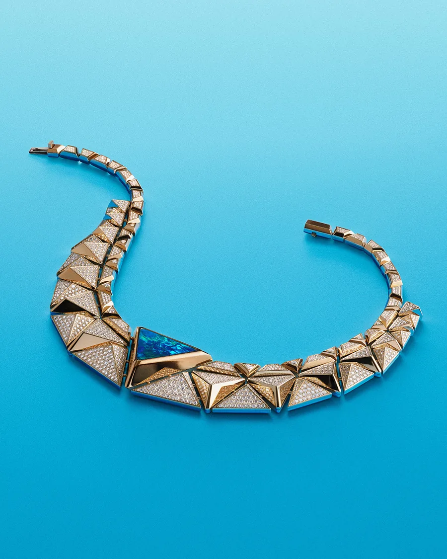Messika Féroce necklace in gold and pavé diamonds with a 16.98-carat Australian black opal