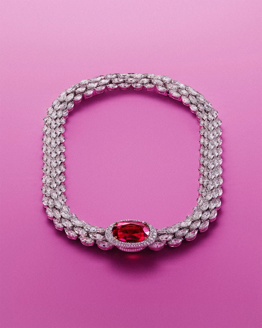 Messika Python Rubellite necklace with five rows of marquise diamonds and a 13.54-carat rubellite